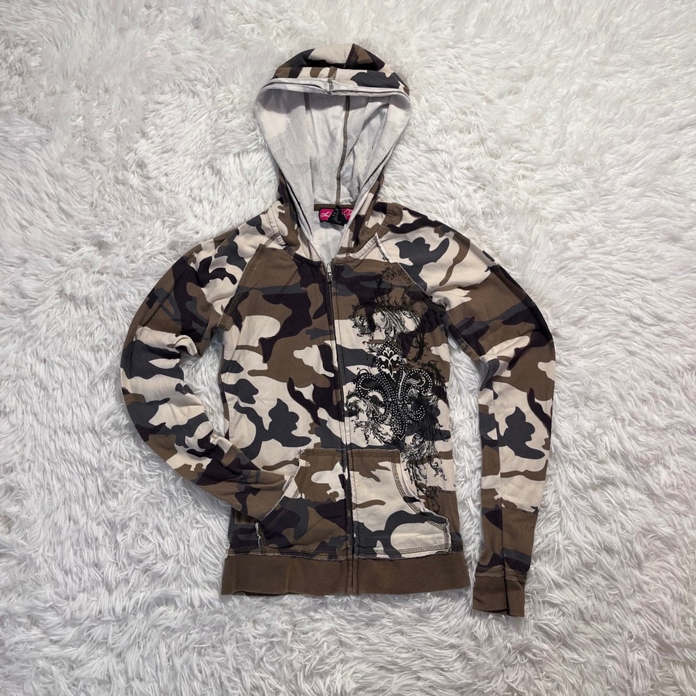 y2k camo rhinestone graphic zip up hoodie medium